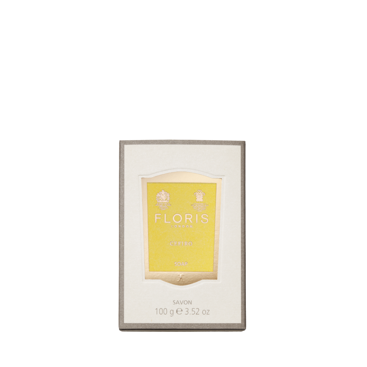 A boxed Floris London Cefiro - Luxury Soap, 100g vegetable base, with a yellow front label.
