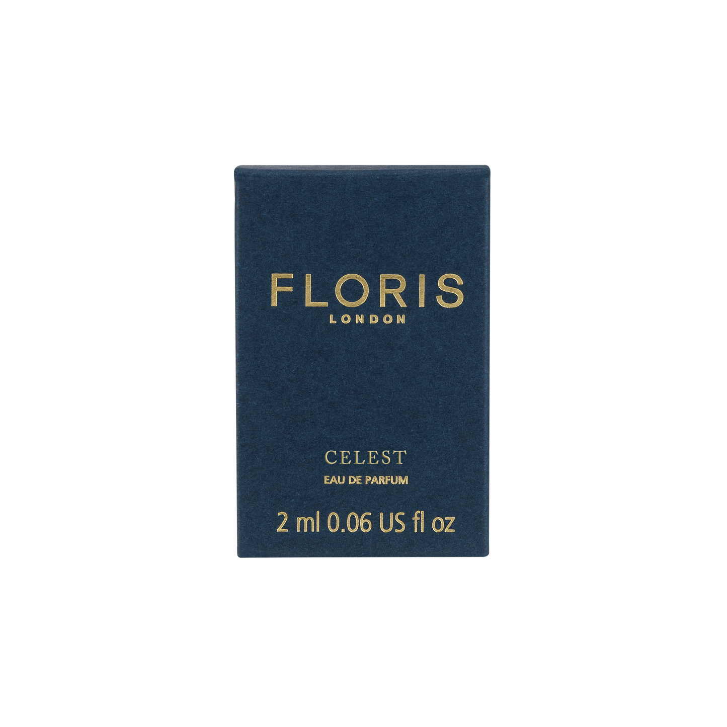 A 2ml Celest - Eau de Parfum box by Floris London UK in navy blue, featuring gold text on a white background.