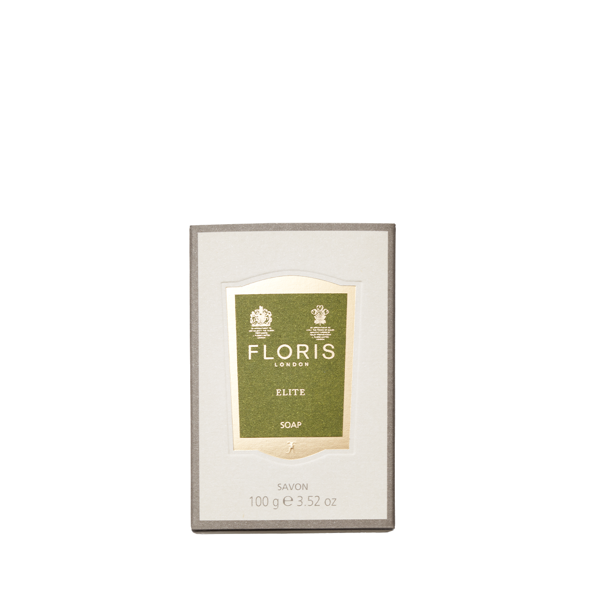 A 100g bar of Floris London Elite - Luxury Soap with a green and gold label, crafted with a nourishing vegetable base.