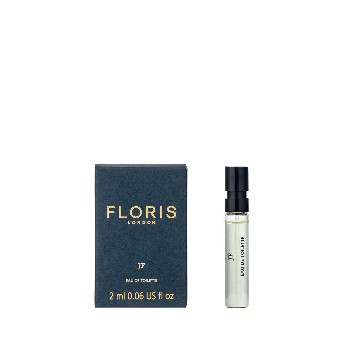 A Floris London JF - Eau de Toilette 2ml sample: dark box on the left, clear spray vial with black cap on the right.