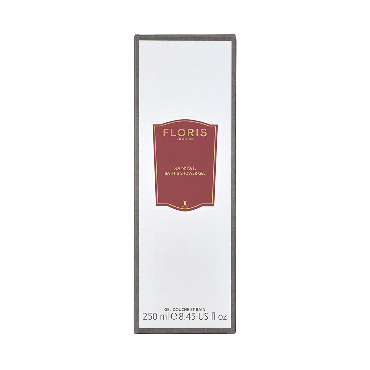 White box of Floris London UK Santal Bath & Shower Gel, 250ml, featuring a red label on the front.