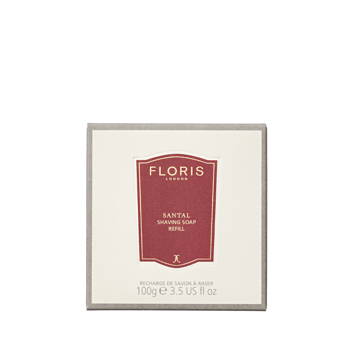 Floris London Santal Shaving Soap Refill, 100g—featuring a red and white label and enriched with shea butter for a smooth shave.