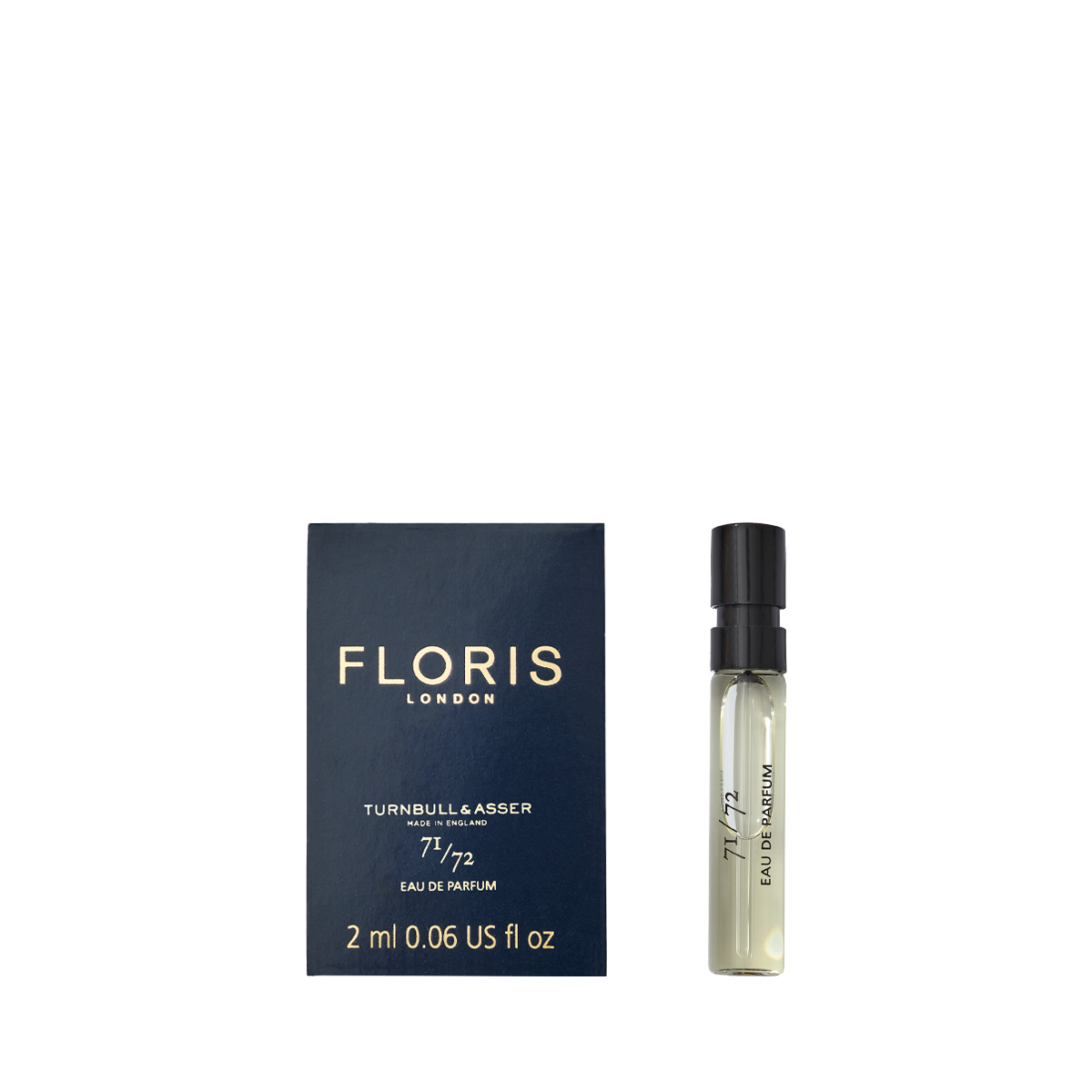 Floris London's 71/72 Eau de Parfum sample arrives in a vegan navy box with a clear spray bottle.