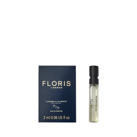 Floris London's 71/72 Eau de Parfum sample arrives in a vegan navy box with a clear spray bottle.