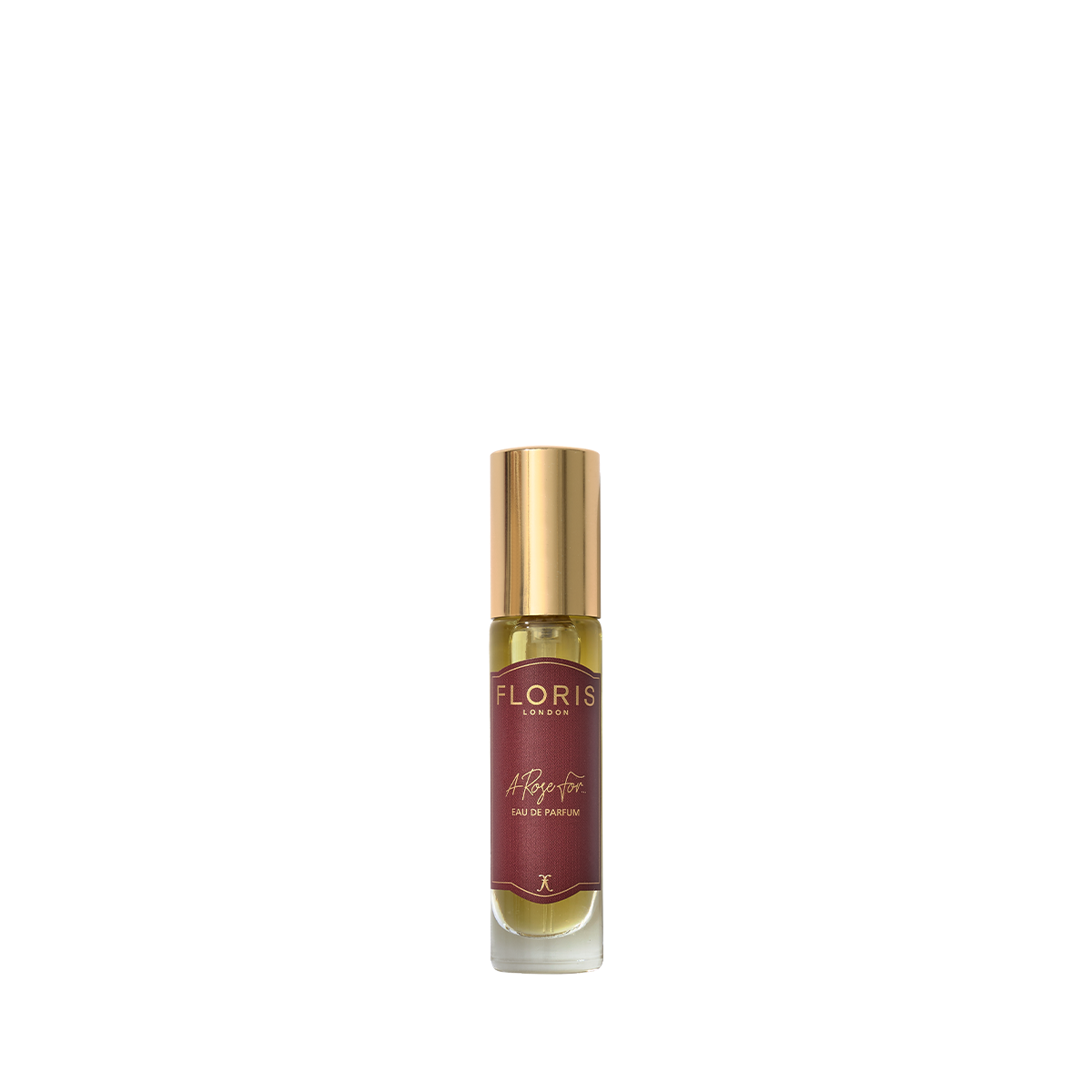 This small bottle of Floris London "A Rose For..." perfume has a gold cap and maroon label, making it a unique gift against a white backdrop.