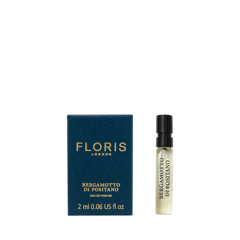 A 2ml box and vial of Floris London’s Bergamotto di Positano Eau de Parfum, featuring bergamot and marine notes, displayed on a white background.