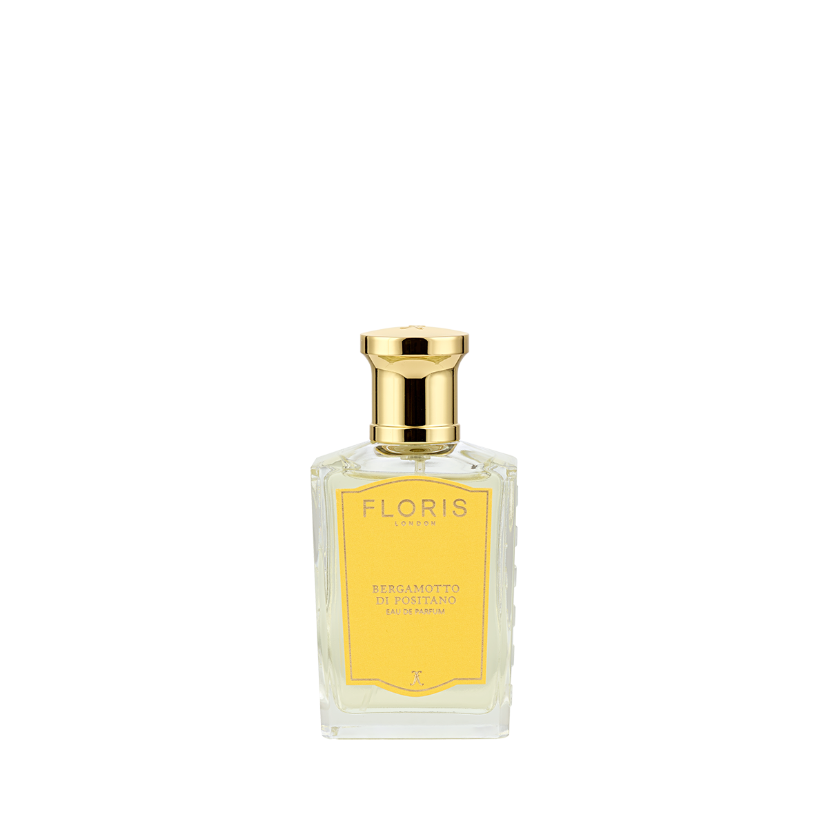 A clear glass bottle of Floris London Bergamotto di Positano Eau de Parfum, with bergamot and marine notes and a gold cap, stands on a white background.