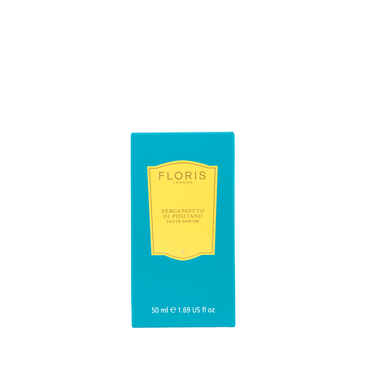 A turquoise Floris London box labeled "Bergamotto di Positano - Eau de Parfum," 50ml, features bergamot and marine notes on a white background.