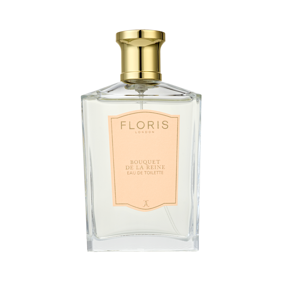 A clear Floris London bottle with a gold cap and peach label reads "Bouquet de La Reine - Eau de Toilette," a luxury fruity floral scent.