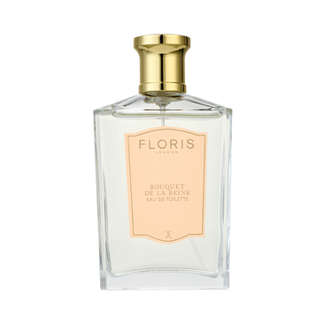 A clear Floris London bottle with a gold cap and peach label reads "Bouquet de La Reine - Eau de Toilette," a luxury fruity floral scent.