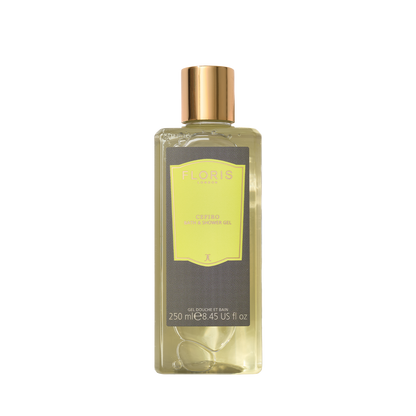 A luxurious Floris London Cefiro 250ml bath & shower gel with a gold cap, enriched with olive oil and a refreshing citrus scent.