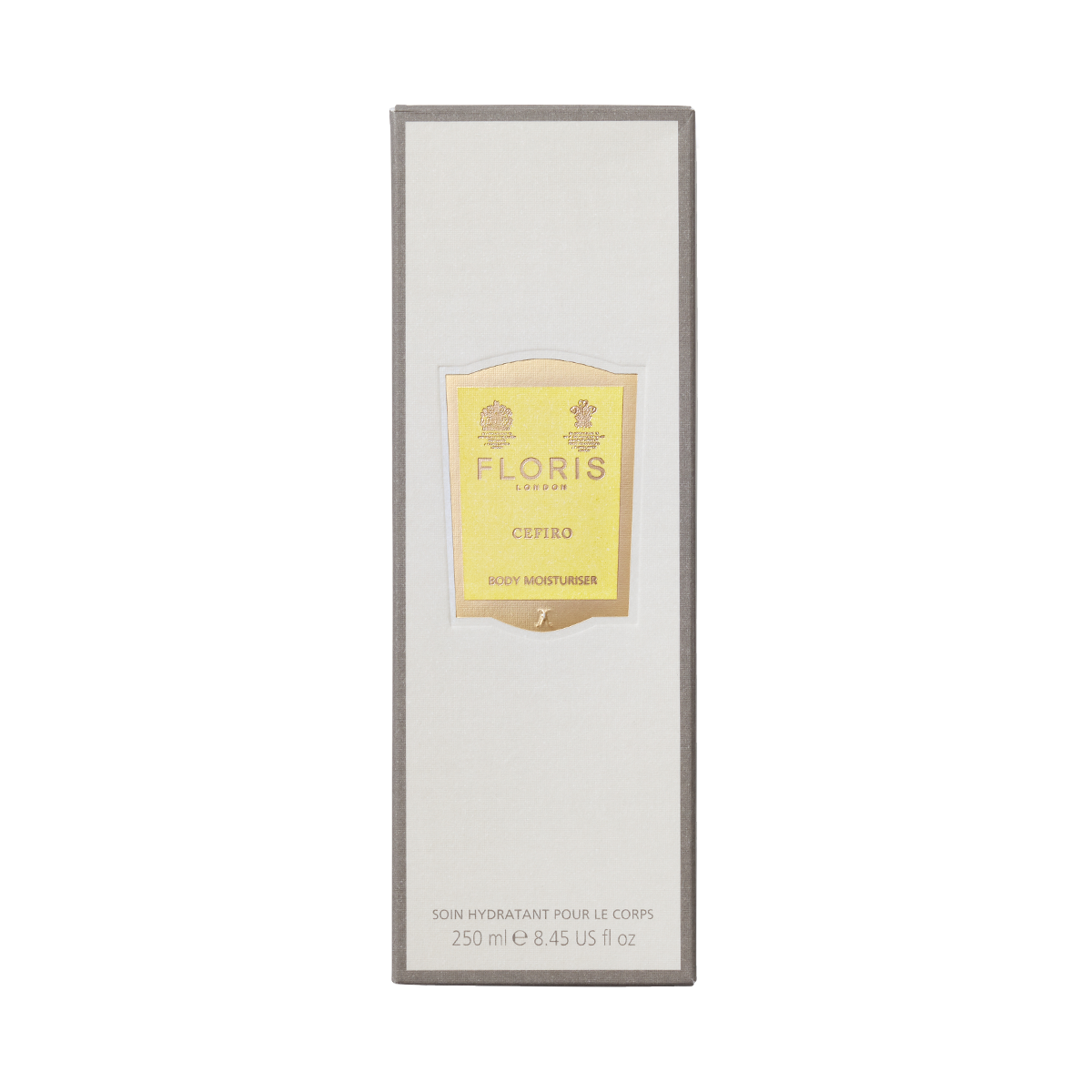 A 250 ml rectangular box of Floris London Cefiro – Enriched Body Moisturiser with a yellow front label.