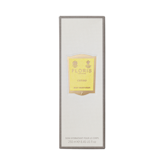 A 250 ml rectangular box of Floris London Cefiro – Enriched Body Moisturiser with a yellow front label.
