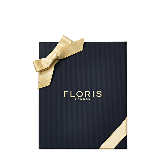 A black Floris London UK gift box with gold ribbon, ideal for presenting the Cefiro Hero or Cefiro Duo, displayed on a white background.