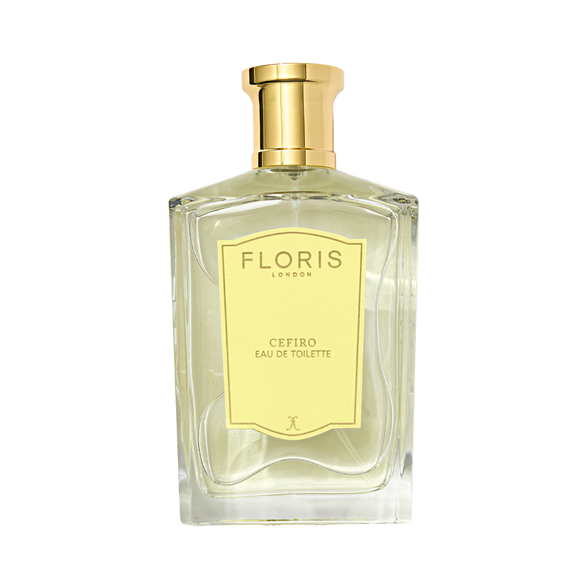 A clear glass bottle of Floris London Cefiro - Eau de Toilette with a gold cap and pale yellow label; a fresh, unisex citrus fragrance.