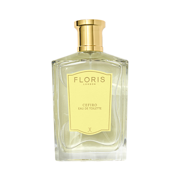 A clear glass bottle of Floris London Cefiro - Eau de Toilette with a gold cap and pale yellow label; a fresh, unisex citrus fragrance.