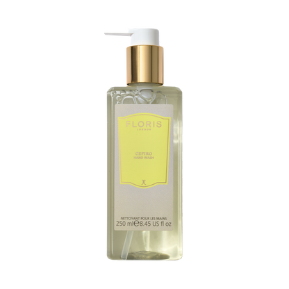 Clear Floris London Cefiro Luxury Hand Wash, 250ml with a gold pump, light yellow label, and a coconut and olive-derived citrus floral scent.