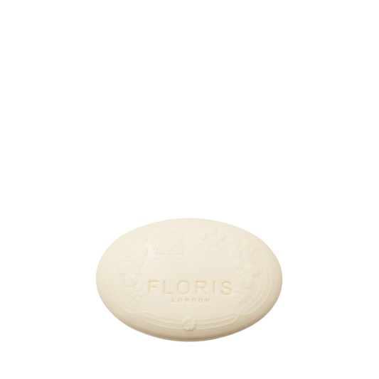 Floris London Cefiro Luxury Soap: a cream-colored, oval hand soap with embossed crown, crafted from a gentle vegetable base for a luxurious cleanse.