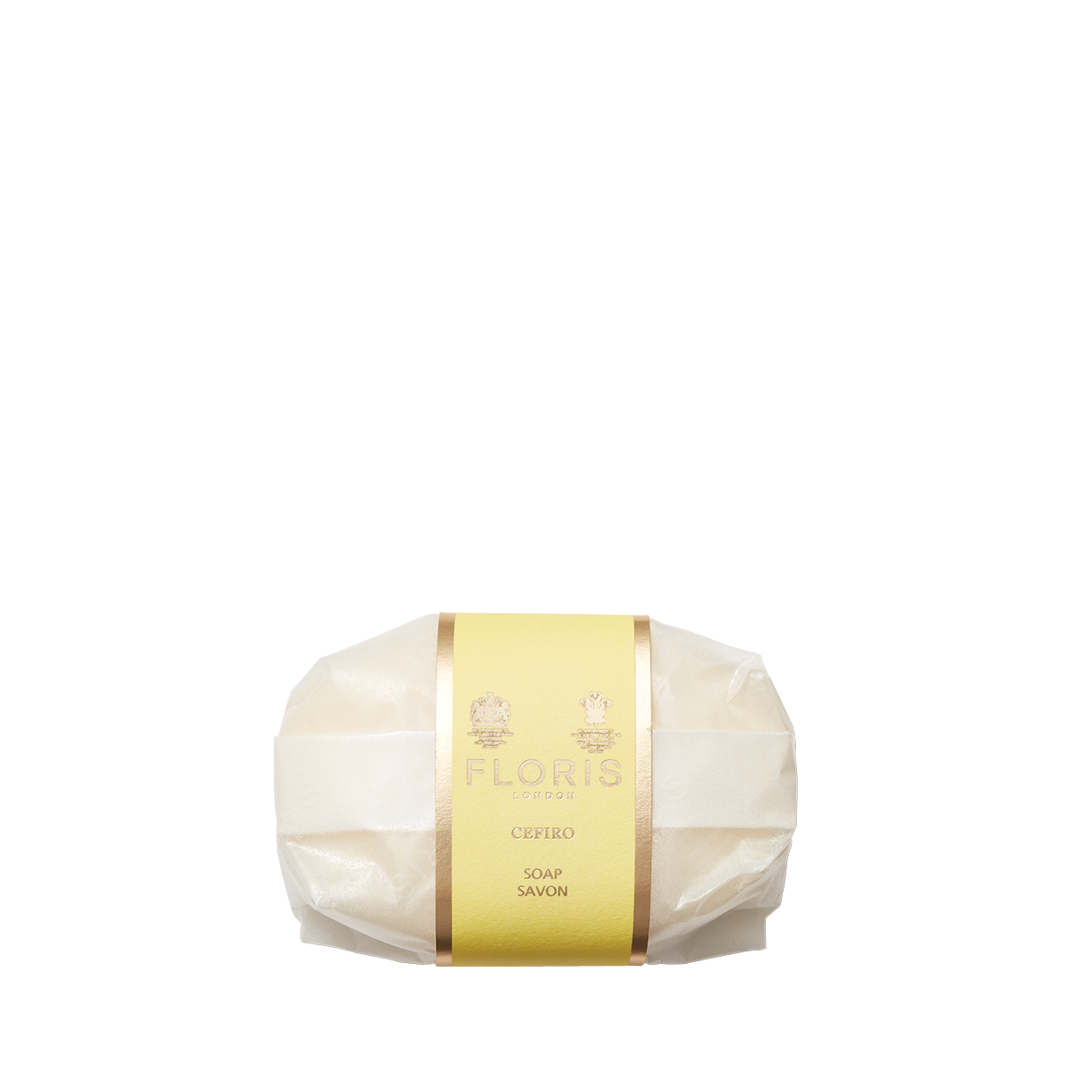 A wrapped Floris London Cefiro - Luxury Soap with a yellow and gold label is displayed against a plain white background.