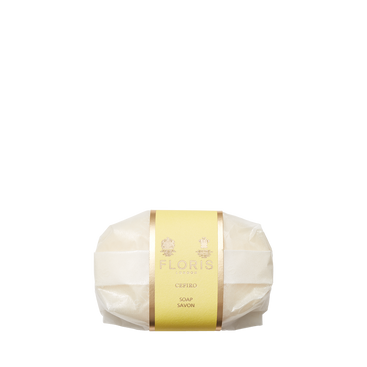 A wrapped Floris London Cefiro - Luxury Soap with a yellow and gold label is displayed against a plain white background.