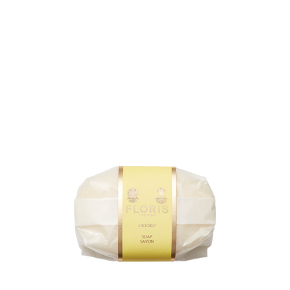 A wrapped Floris London Cefiro - Luxury Soap with a yellow and gold label is displayed against a plain white background.