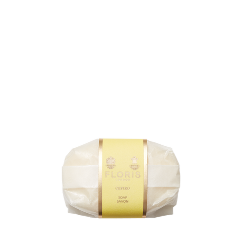 A wrapped Floris London Cefiro - Luxury Soap with a yellow and gold label is displayed against a plain white background.