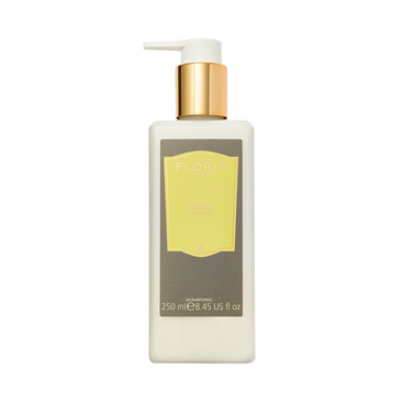 Floris London Cefiro Shampoo, 250ml with pump, features a yellow label and Pro-Vitamin B5 for thicker hair.