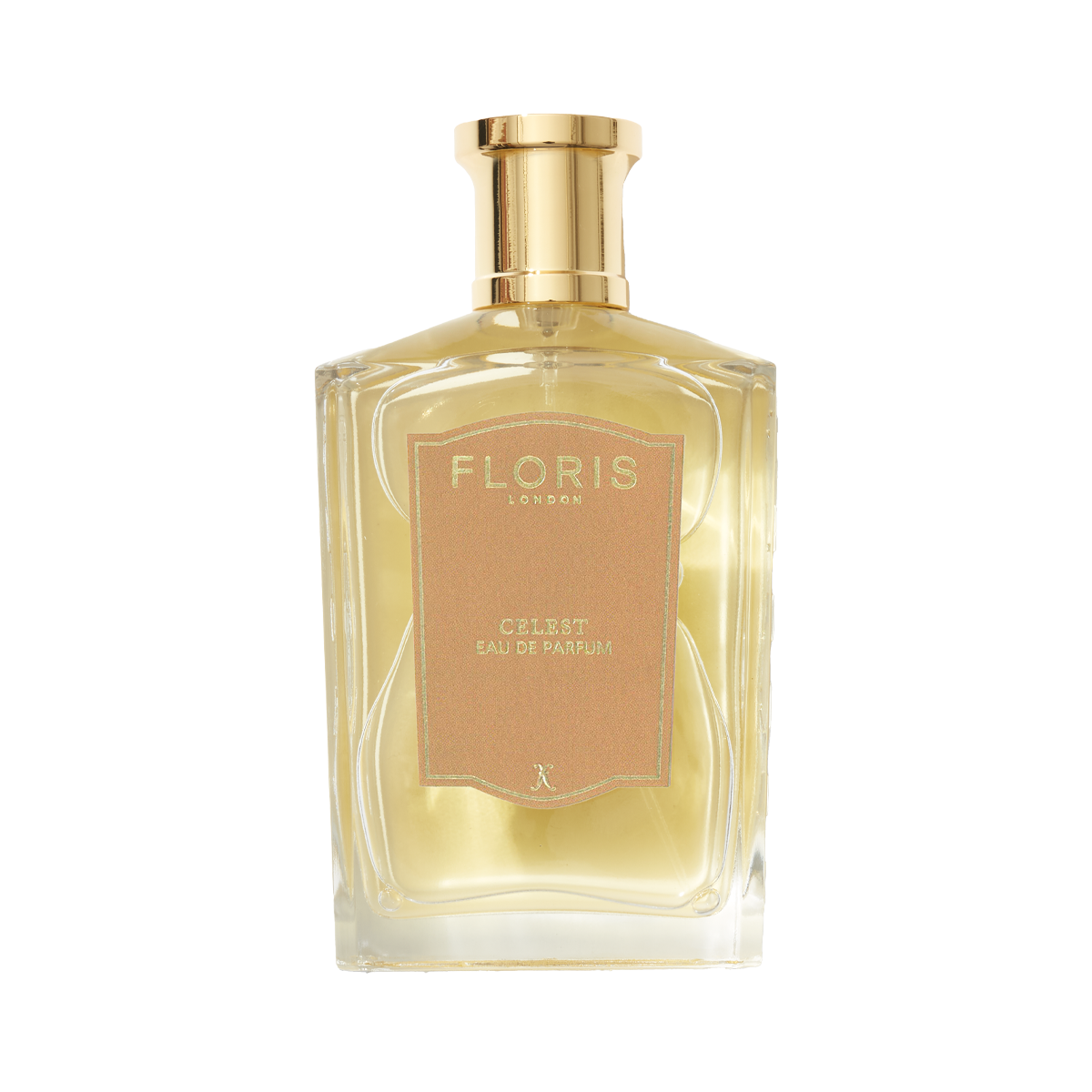 A clear glass bottle of Floris London UK Celest - Eau de Parfum with a gold cap and beige label.