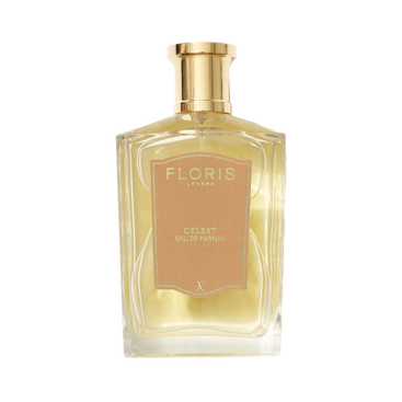 A clear glass bottle of Floris London UK Celest - Eau de Parfum with a gold cap and beige label.