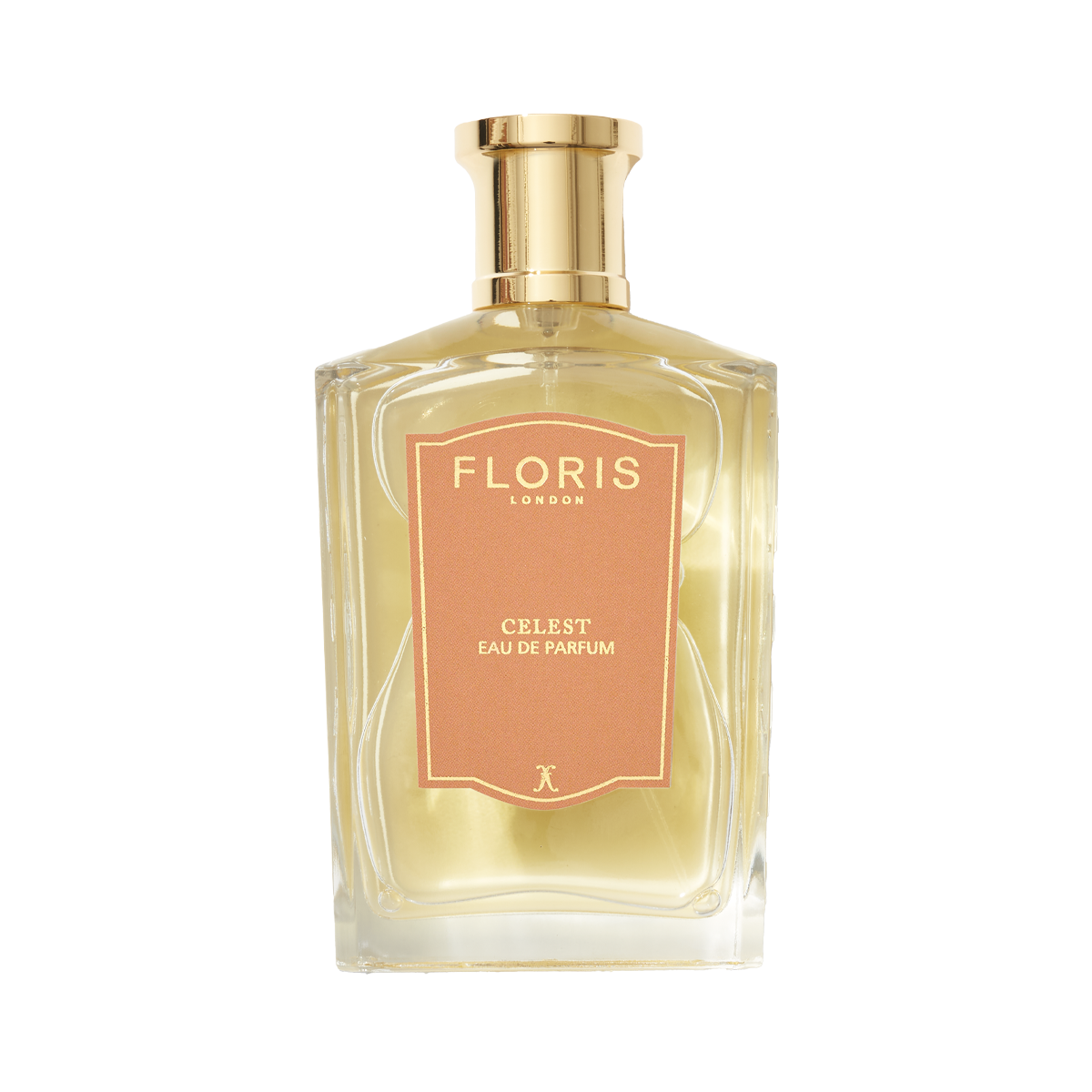 A clear glass bottle of Floris London UK Celest - Eau de Parfum with a gold cap and peach label, filled with light yellow perfume, on a white background.