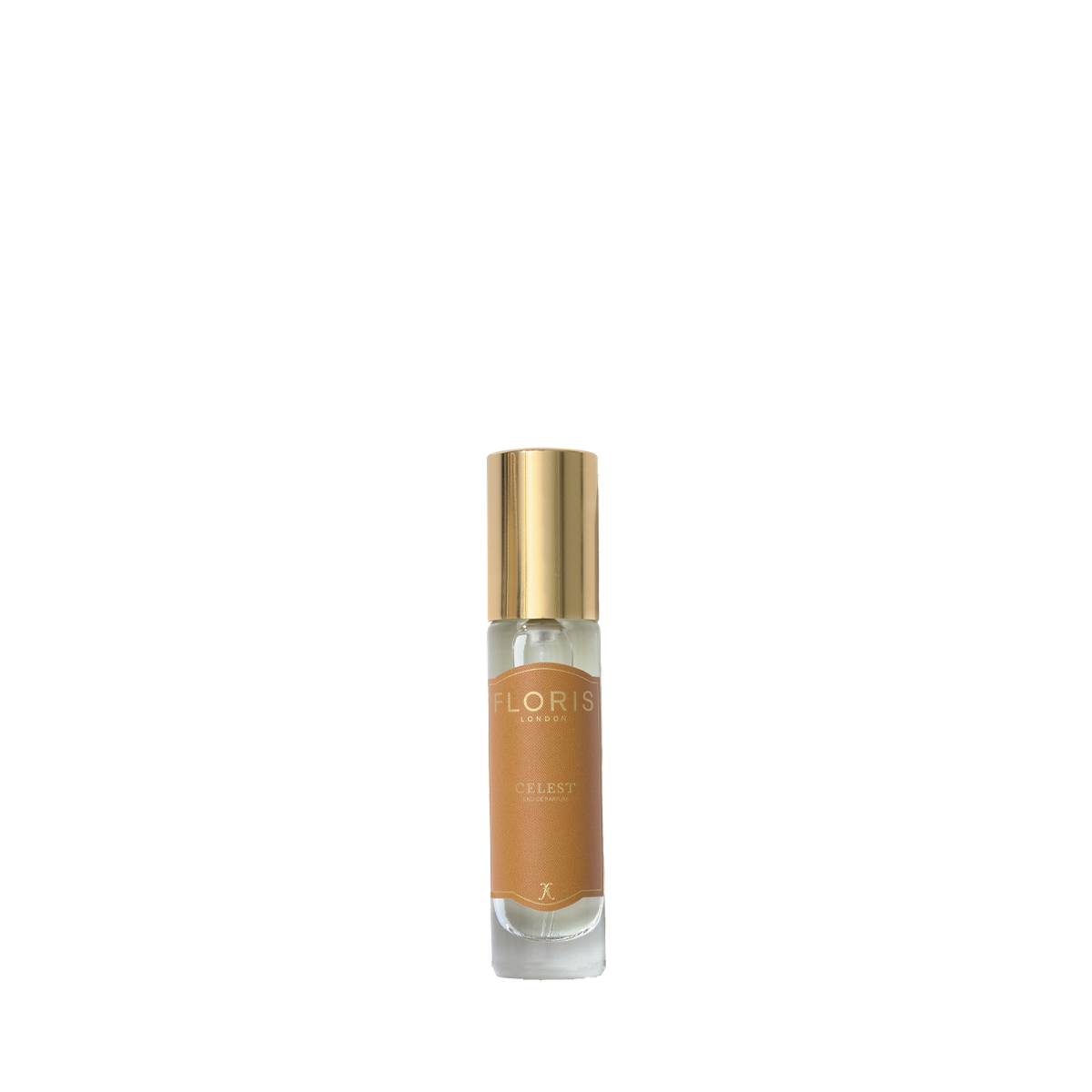A small Floris London UK Celest - Eau de Parfum bottle with a gold cap and light brown label on a white background.