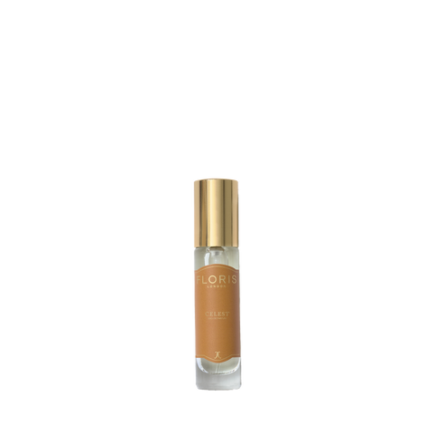 A small Floris London UK Celest - Eau de Parfum bottle with a gold cap and light brown label on a white background.