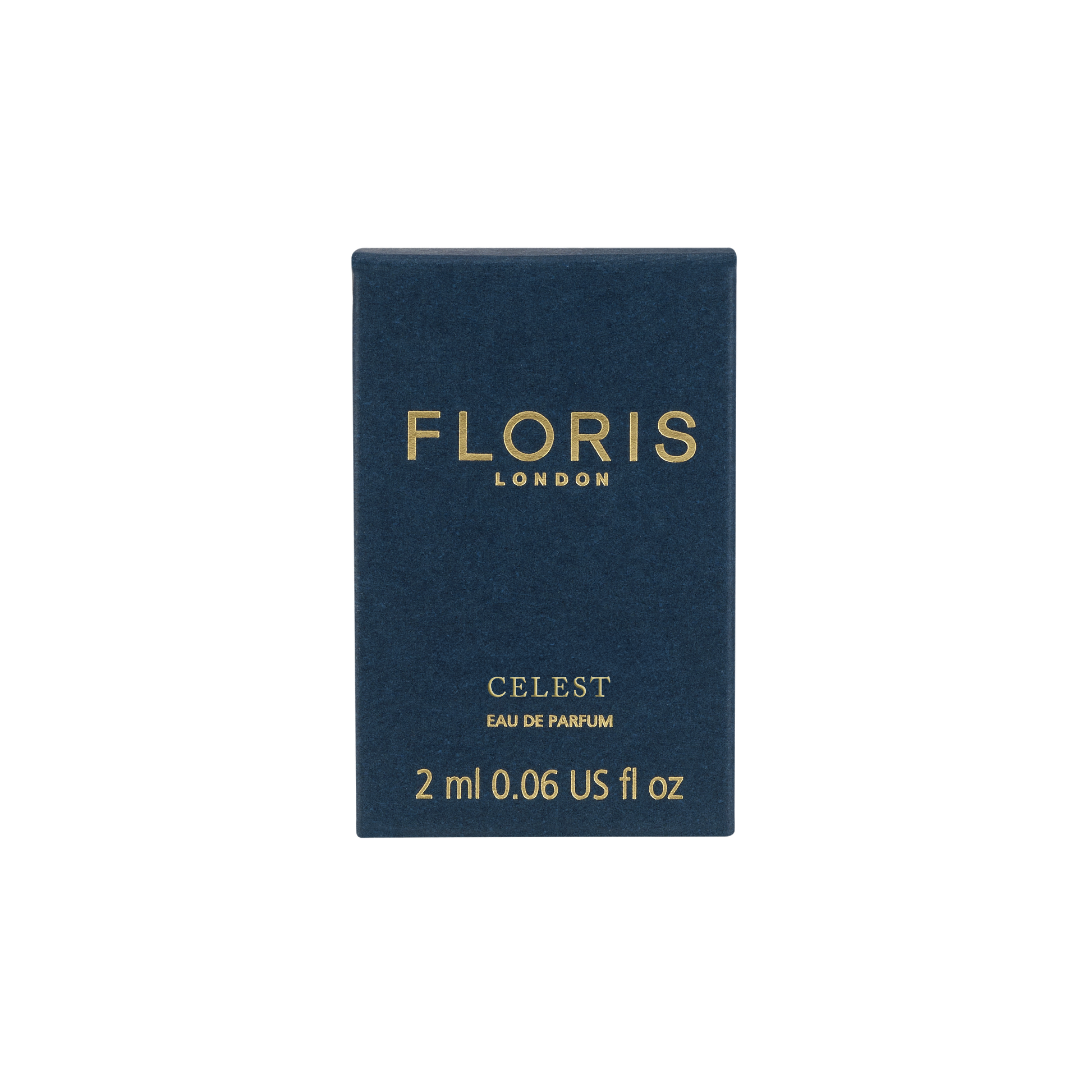 A 2ml Celest - Eau de Parfum box by Floris London UK in navy blue, featuring gold text on a white background.