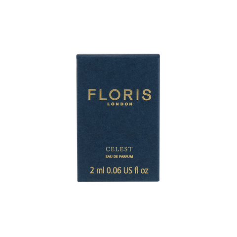 A 2ml Celest - Eau de Parfum box by Floris London UK in navy blue, featuring gold text on a white background.