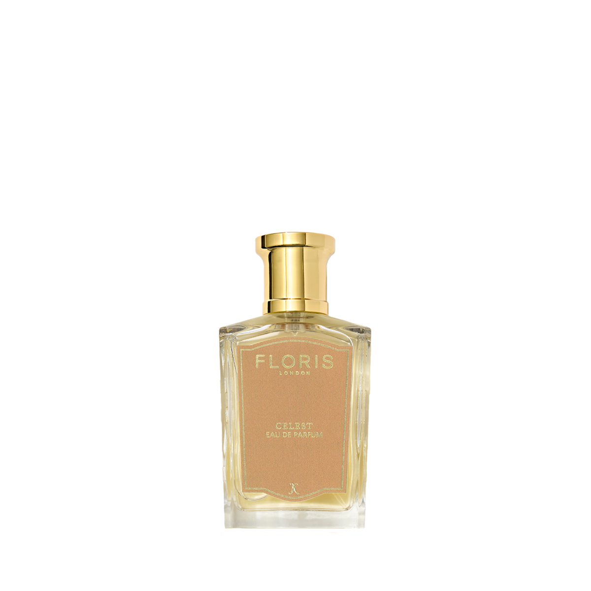 A clear glass bottle of Celest - Eau de Parfum by Floris London UK, featuring a gold cap and label, set against a white background.