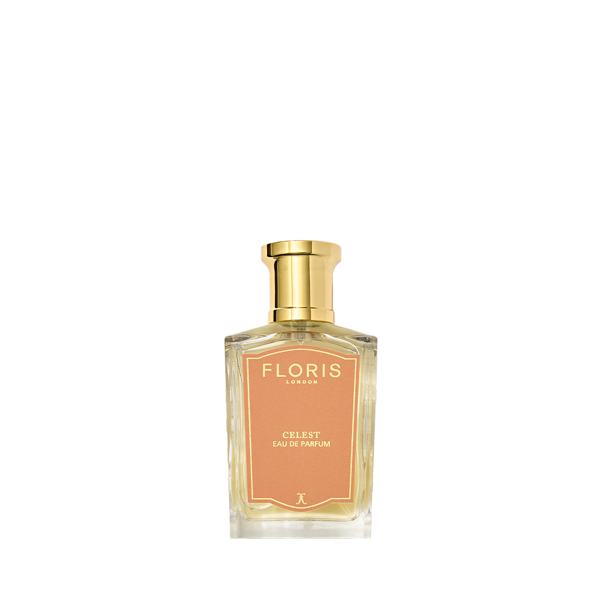 A clear glass perfume bottle with a gold cap and a peach label reading “Floris London UK Celest - Eau de Parfum” sits against a white background.