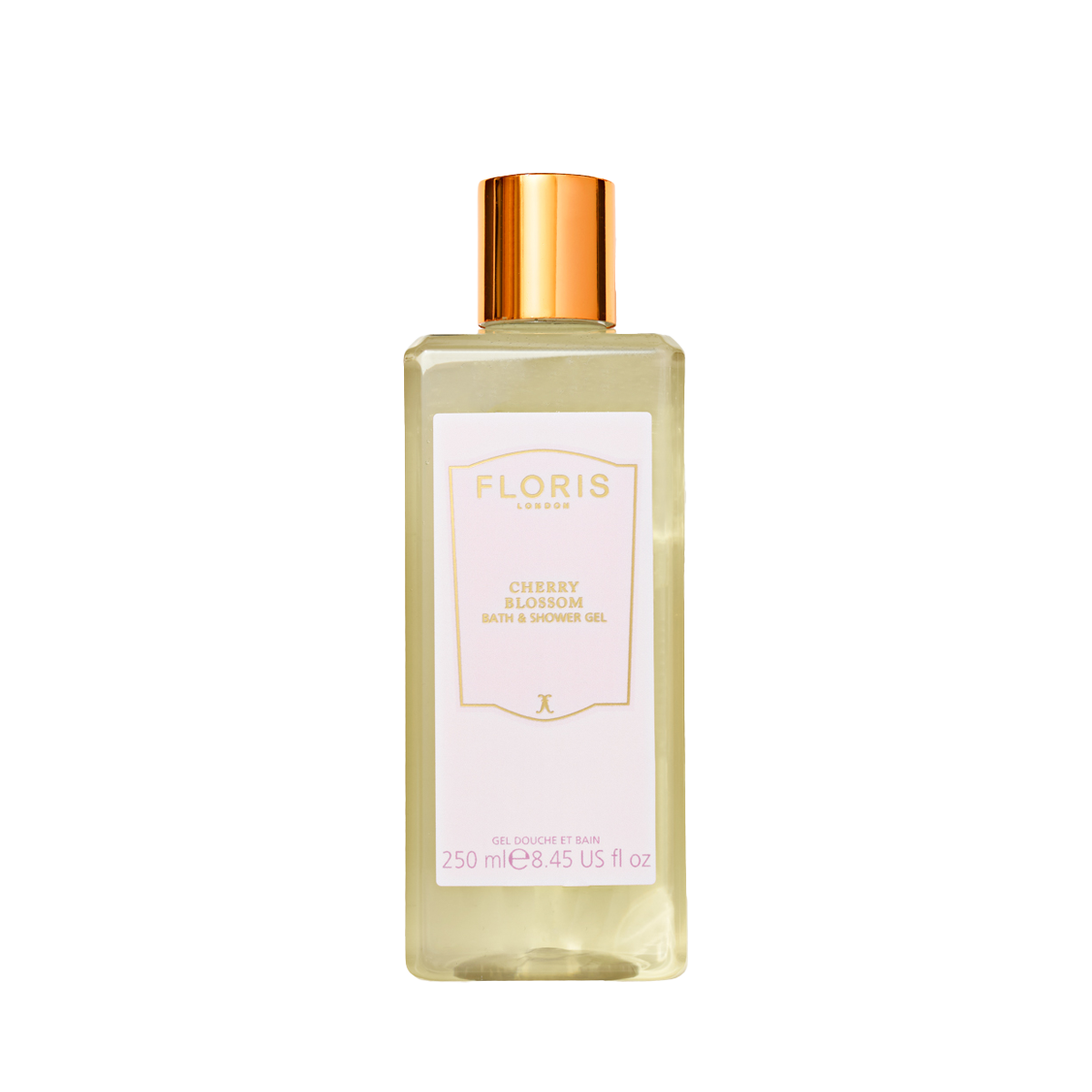 A clear bottle of Floris London UK Cherry Blossom - Bath & Shower Gel with a gold cap is shown on a white background.