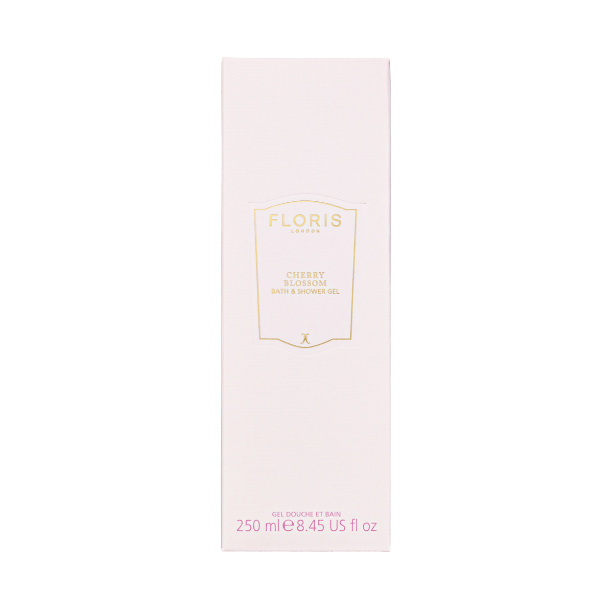 Floris London UK Cherry Blossom - Bath & Shower Gel, 250ml, in a light pink box on a white background.