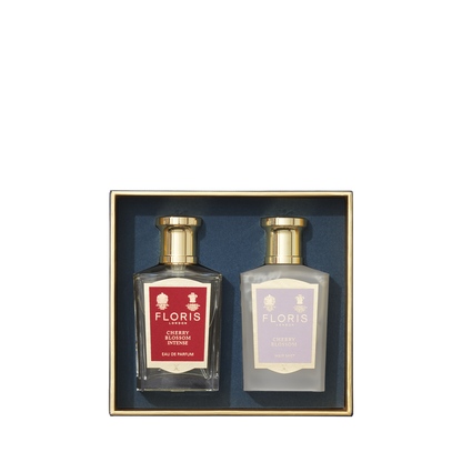 Discover the Floris London Cherry Blossom Duet gift set: two exquisite perfumes, Cherry Blossom Intense and Eau de Parfum, beautifully boxed.