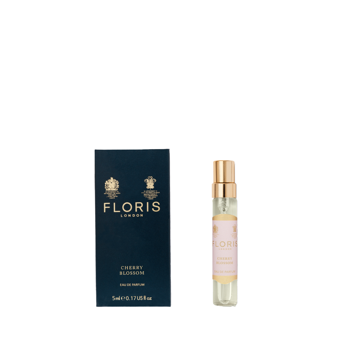 The Cherry Blossom Eau de Parfum by Floris London stands elegantly next to its sleek dark box.