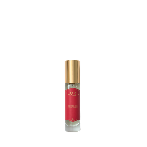 The Chypress - Eau de Toilette by Floris London, with a gold cap and red label, stands on a white background; it exudes an enveloping musk aura.