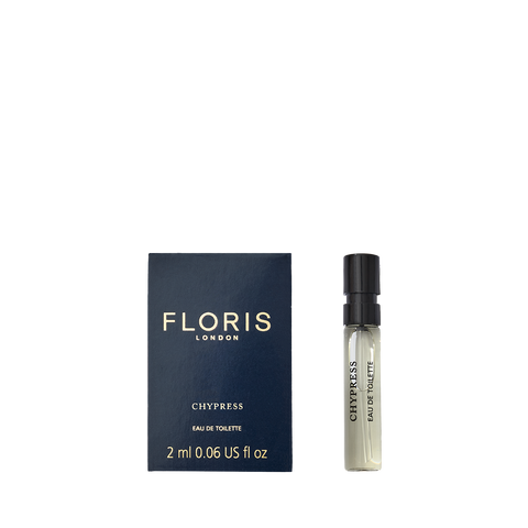 A small 2ml spray bottle with Floris London's Chypress Eau de Toilette, featuring floral chypre notes and bergamot zest, displayed on a white background.