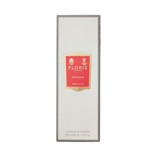 The Chypress Luxury Hand Lotion (250ml) by Floris London features vitamin E, sweet almond oil, and a red-gold label. Ideal for dry skin.