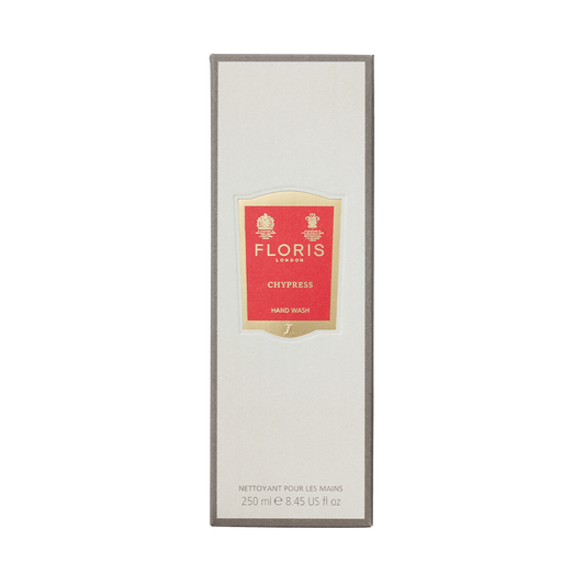 Floris London's Chypress Luxury Hand Wash, enriched with olive-based ingredients, comes in a 250 ml bottle with a striking red label.