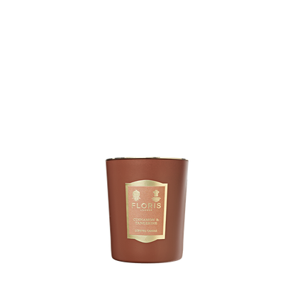 Bronze Floris London candle with a gold label, featuring the "Cinnamon & Tangerine" fragrance, scented candle 175g.