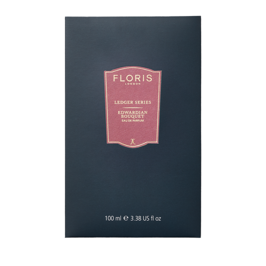 Dark blue box with red label: "Floris London UK Edwardian Bouquet Eau de Parfum, 100 ml," featuring hints of jasmine.