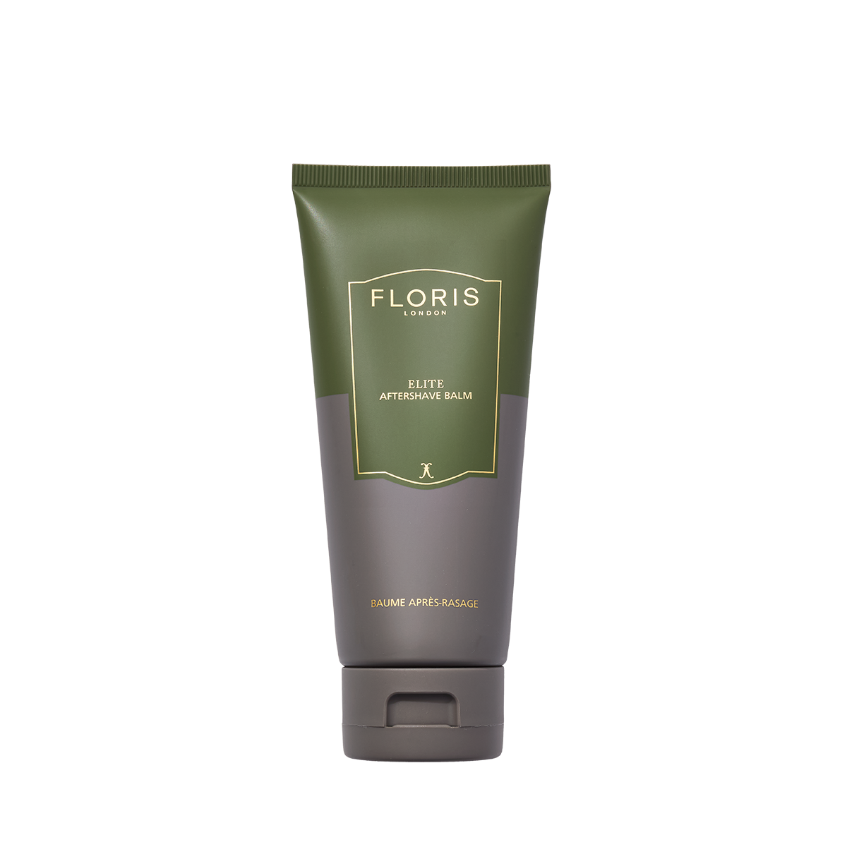 A tube of Floris London Elite - Aftershave Balm in green and brown is shown on a white background. Alcohol-free for gentle aftershave care.