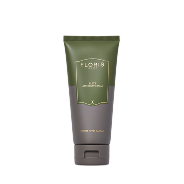 A tube of Floris London Elite - Aftershave Balm in green and brown is shown on a white background. Alcohol-free for gentle aftershave care.