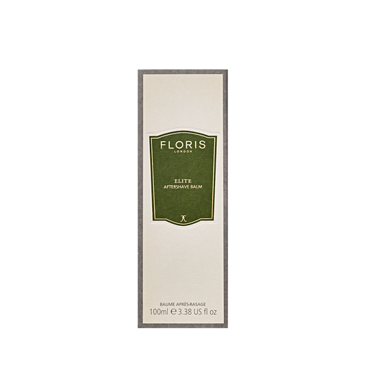 Floris London Elite Aftershave Balm, 100ml, alcohol-free, in a box with a green and cream label on white background.