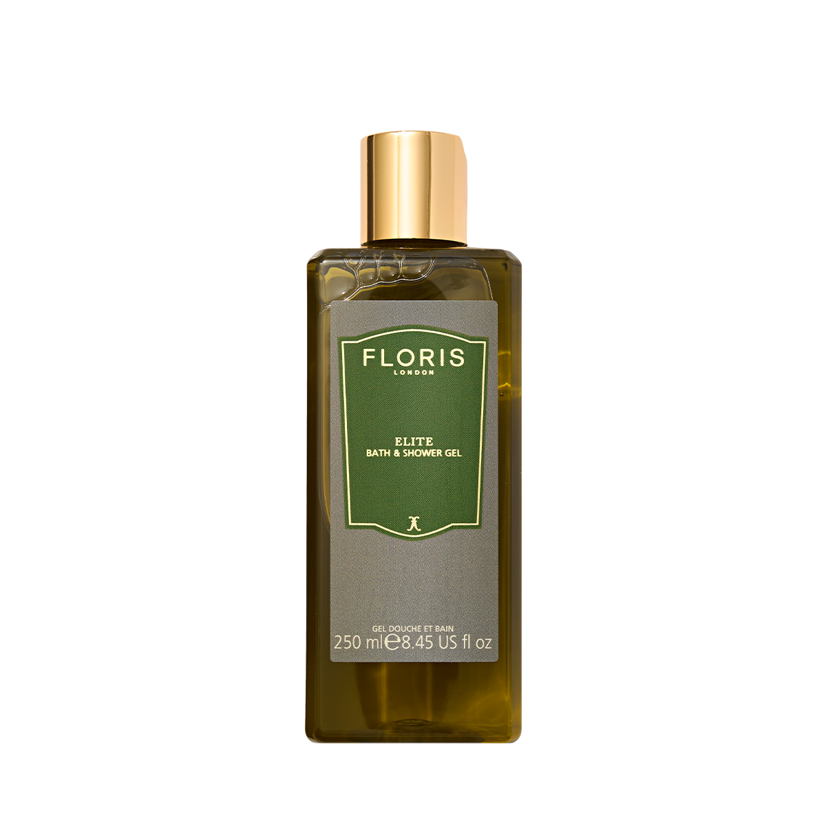 Floris London's Elite Bath & Shower Gel, 250ml, in a green and gold bottle, enriched with olive oil and woody green notes.